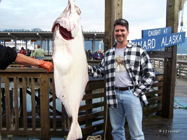 100_2518_AK_KenaiPeninsula_Brian-Halibut.jpg - Brian's Catch? - Here's Brian pretending that he caught "The Big One". ~June 27, 2004 - Seward, Alaska