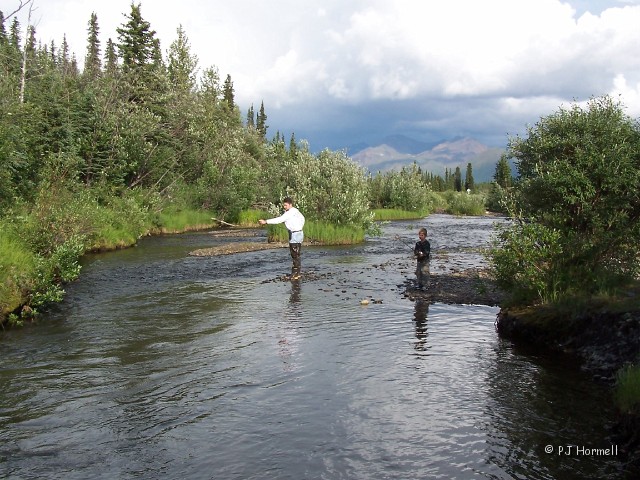 100_3162_AK_Cantwell.jpg - Brian and Morgan fishing for sturgeon in a nearby small stream. Looks like a storm brewing in the distance. ~July 4, 2004 - Cantwell,  Alaska