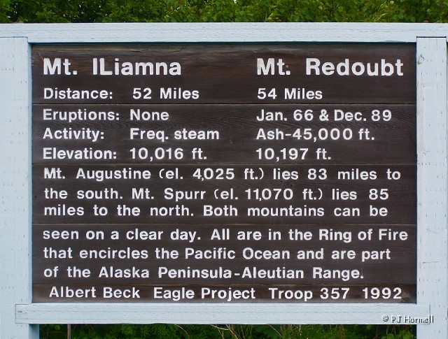 100_9950_AK_nearNinilchick_Sign.JPG - Sign about the Mount Redoubt and Mount Iliamna, volcanoes in the Aleutian Islands.