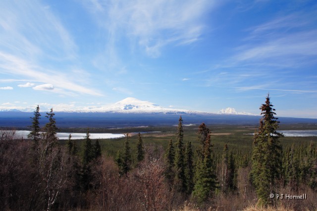 IMG_1094_AK_TokCutoff_MountSanford.jpg - Mount Sandford on the left and Mount Drum on the right and Cobb Lake.  Milepost 56.5 Glenn Highway, Alaska.  ~May 22, 2006