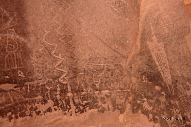 IMG_3169_UT_Moab_Petroglyphs.jpg - Petroglyphs on a large boulder along Kane Creek Road, Moab, Utah.  ~June 22, 2007